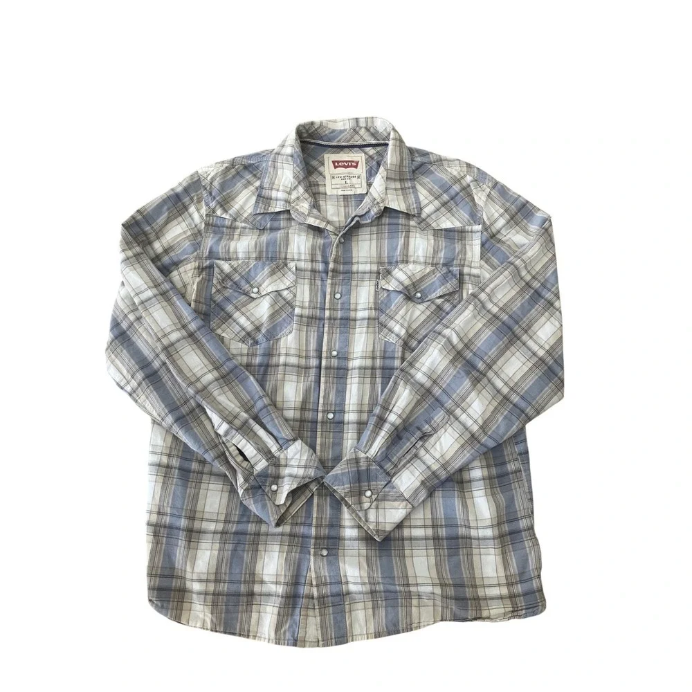 Levis Plaid Snap‎ Button Western Shirt Blue Tan White Long Sleeve Mens L Regular